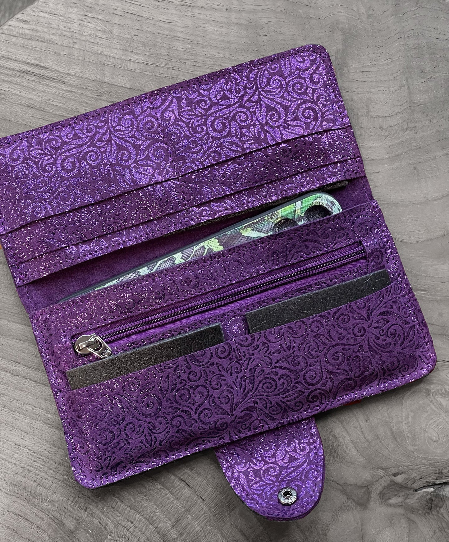 Metallic Purple Leather Wallet Purse with zipper pocket