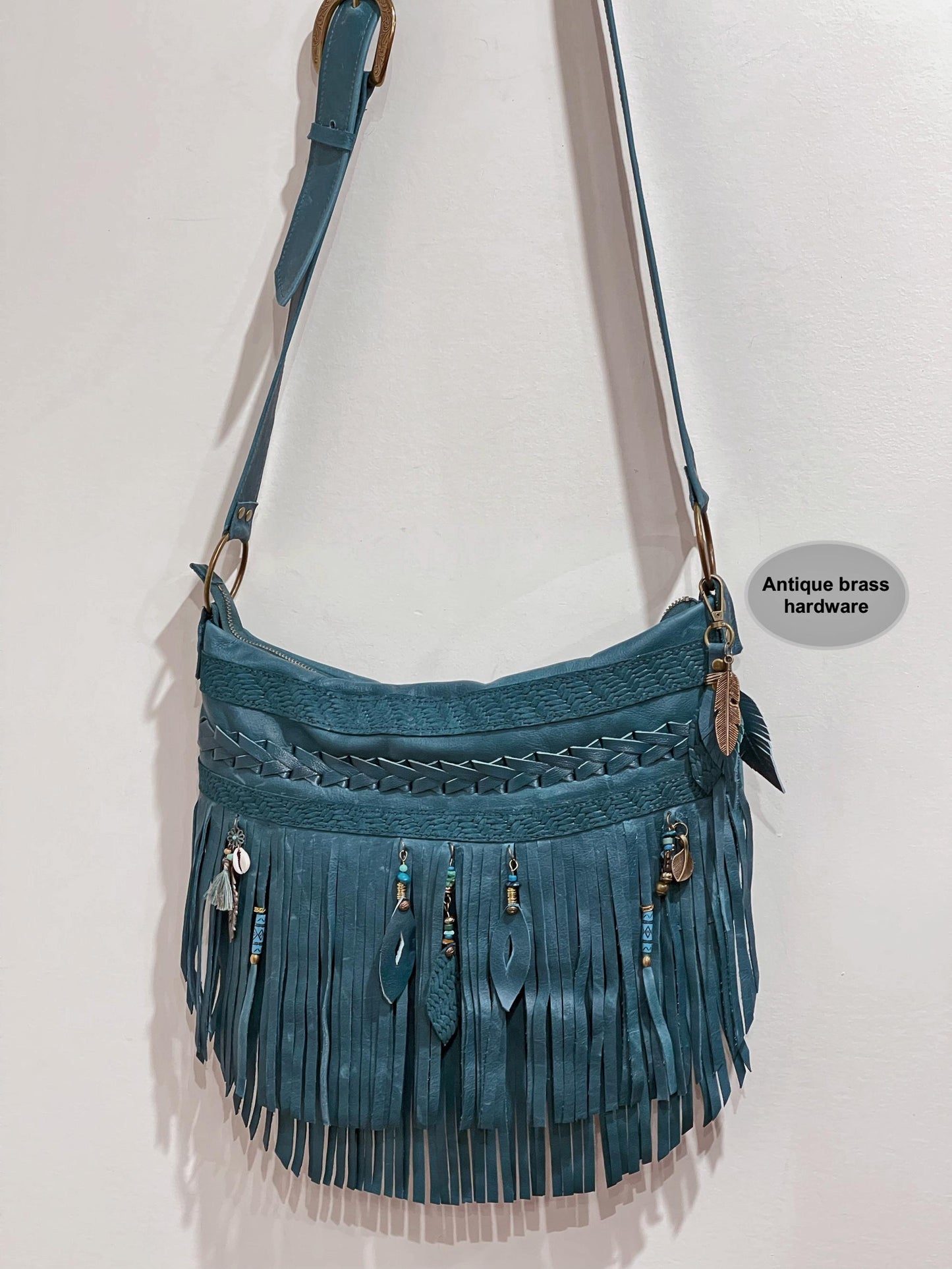 Teal Double Fringe Leather Bag, braided leather