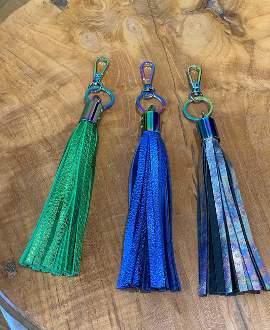 Metallic Leather tassel, bag charm, leather key ring