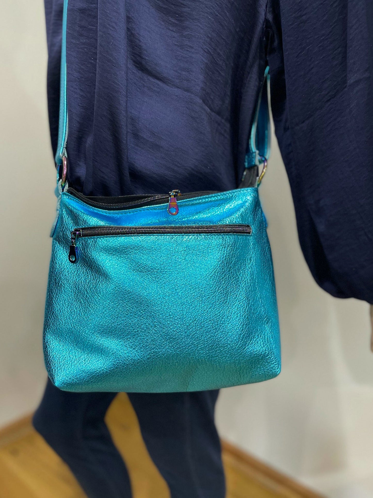 Metallic turquoise crossbody bag