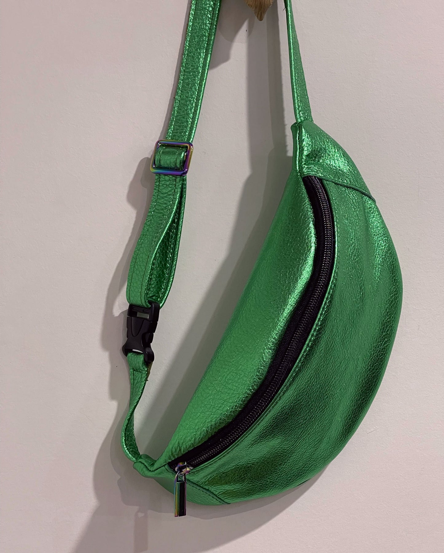 Metallic Green Leather hip bag, Soft unlined waist bag