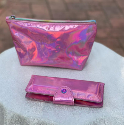 Pink holo iridescent pouch and wallet showing matching set
