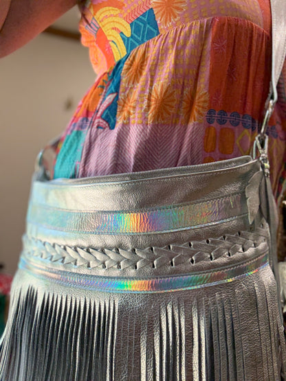 Metallic silver Leather Fringe Bag, beaded boho braided leather