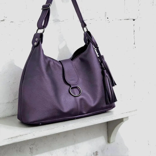 Purple Top Grain Leather Italian Hobo Shoulder Bag