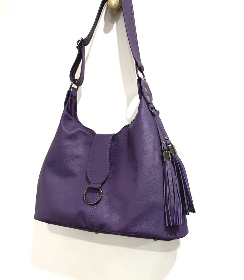 Purple Top Grain Leather Italian Hobo Shoulder Bag
