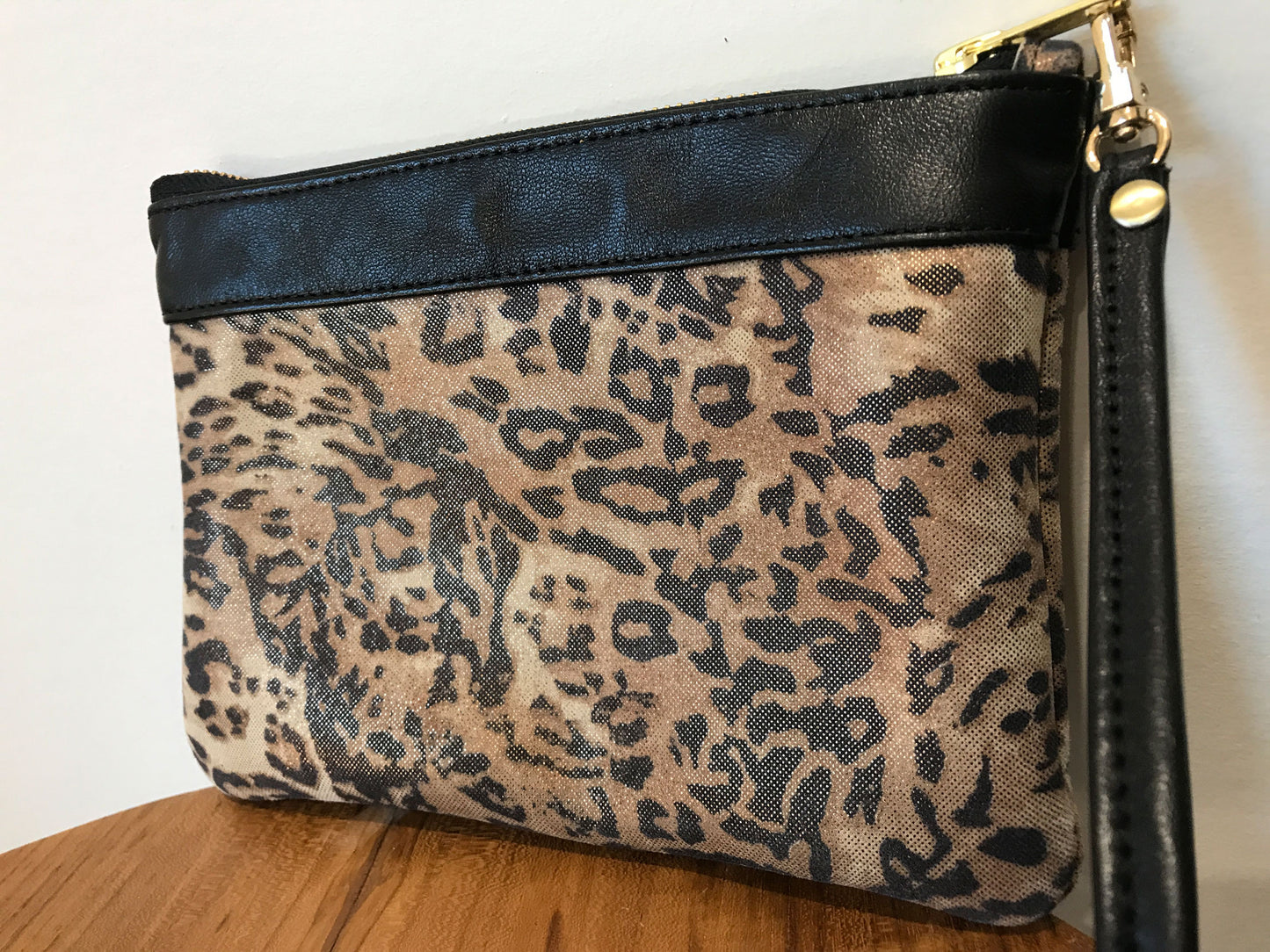 Leopard print shimmer leather Wristlet pouch with black contrast 