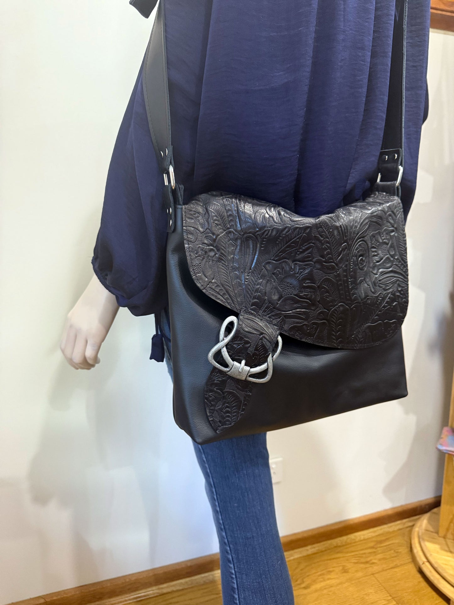 Tooled Black Western Floral Celtic Leather Crossbody Bag