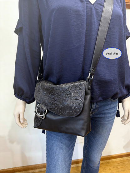 Tooled Black Western Floral Celtic Leather Crossbody Bag