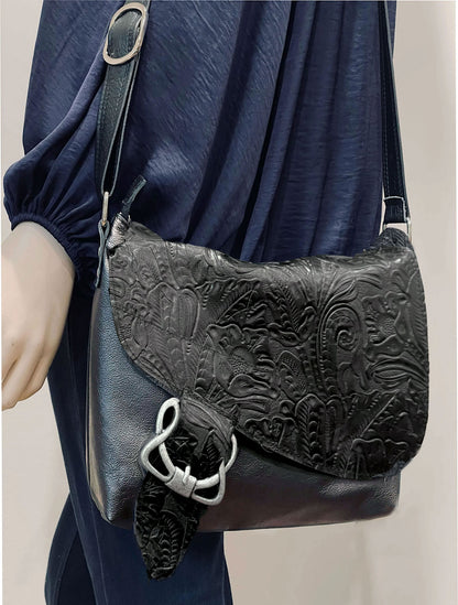 Tooled Black Western Floral Celtic Leather Crossbody Bag