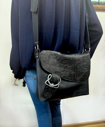 Tooled Black Western Floral Celtic Leather Crossbody Bag