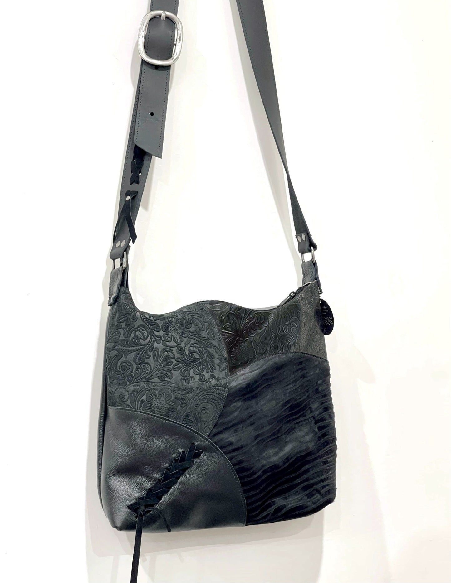 Black Tooled leather crossbody, Boheme artisan leather Bag
