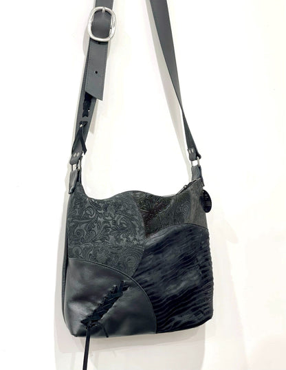 Black Tooled leather crossbody, Boheme artisan leather Bag