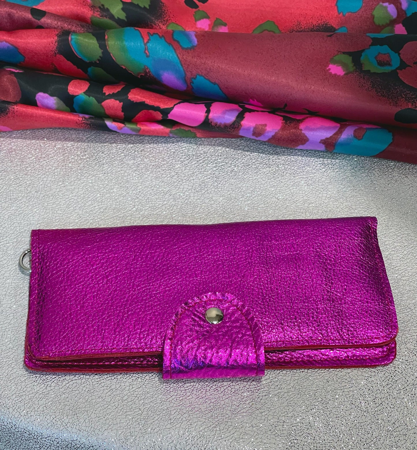 Fuchsia Pink Metallic Leather Wallet Purse or wristlet