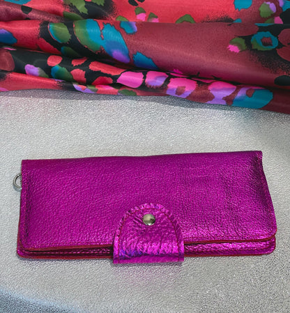 Fuchsia Pink Metallic Leather Wallet Purse or wristlet