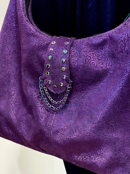 Metallic Purple Soft Italian Hobo, fine florentine design on surface, zip pockets