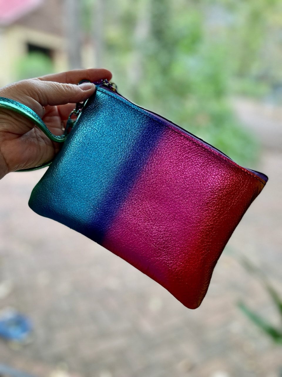 Metallic Rainbow Colours leather Wristlet clutch