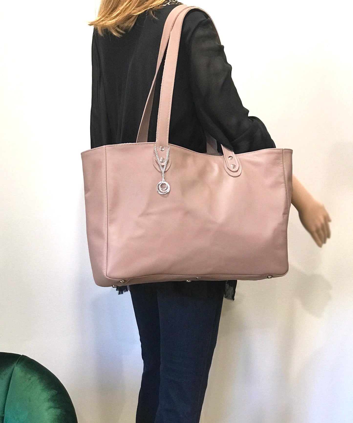 Wide Blush Pink Leather Tote, laptop bag FREE purse