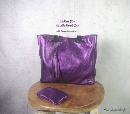 Leather Tote Metallic purple, leather zipper pocket and free purse