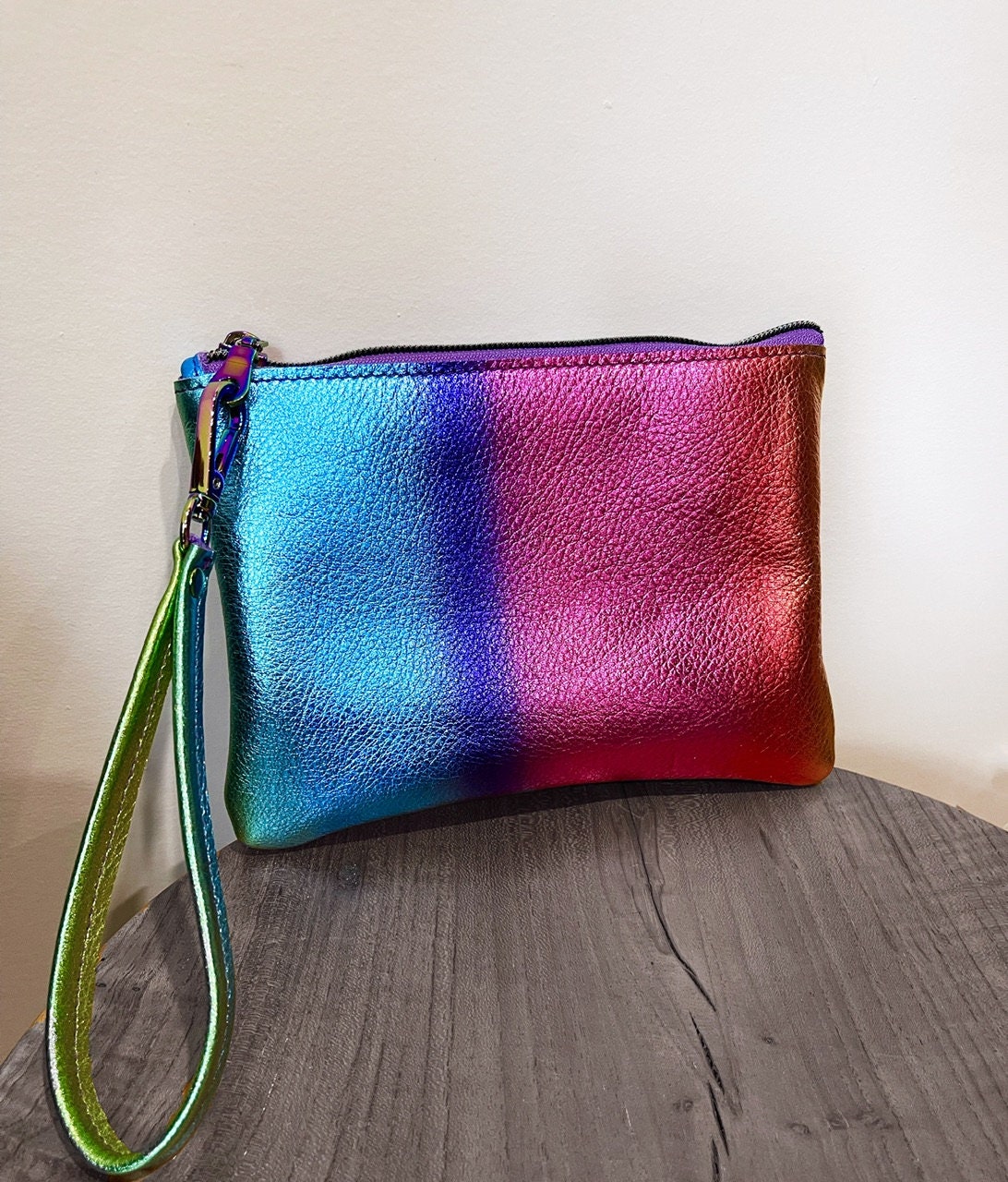 Metallic Rainbow Colours leather Wristlet clutch