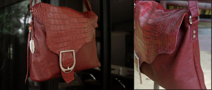 Red Croco Embossed leather Crossbody bag, Italian tooled leather, deep red