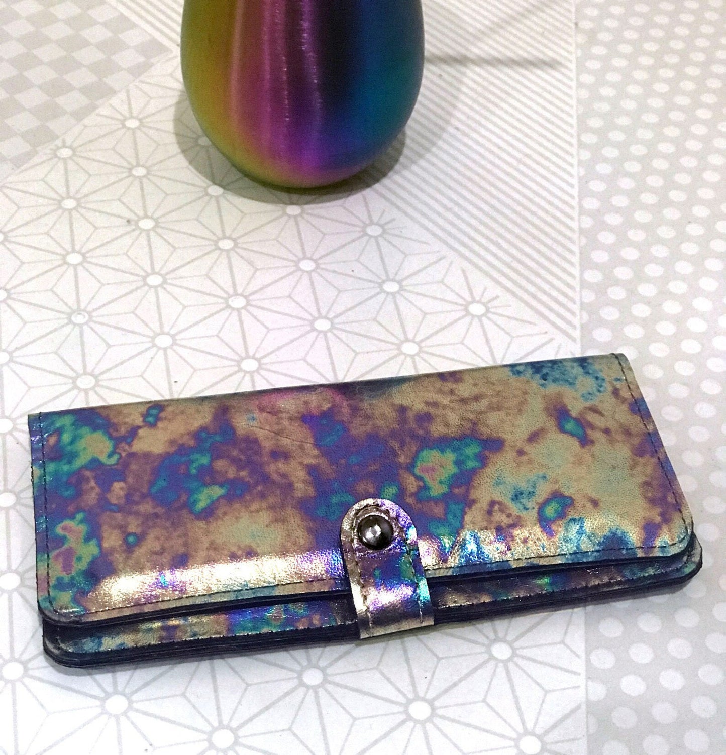 Metallic Rainbow Leather Wallet Purse wristlet with zipper pocket