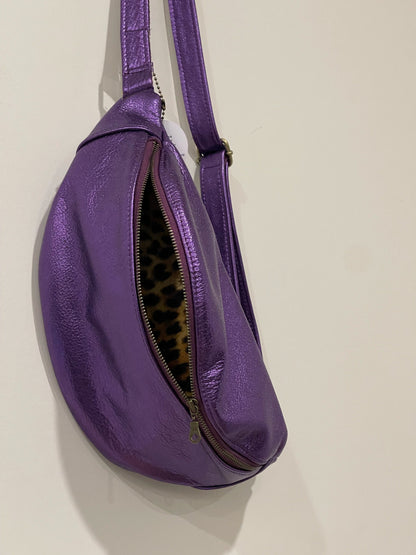 Large Metallic Purple Leather bum bag, soft leather travel bag