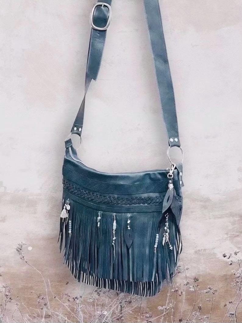 Teal Double Fringe Leather Bag, braided leather