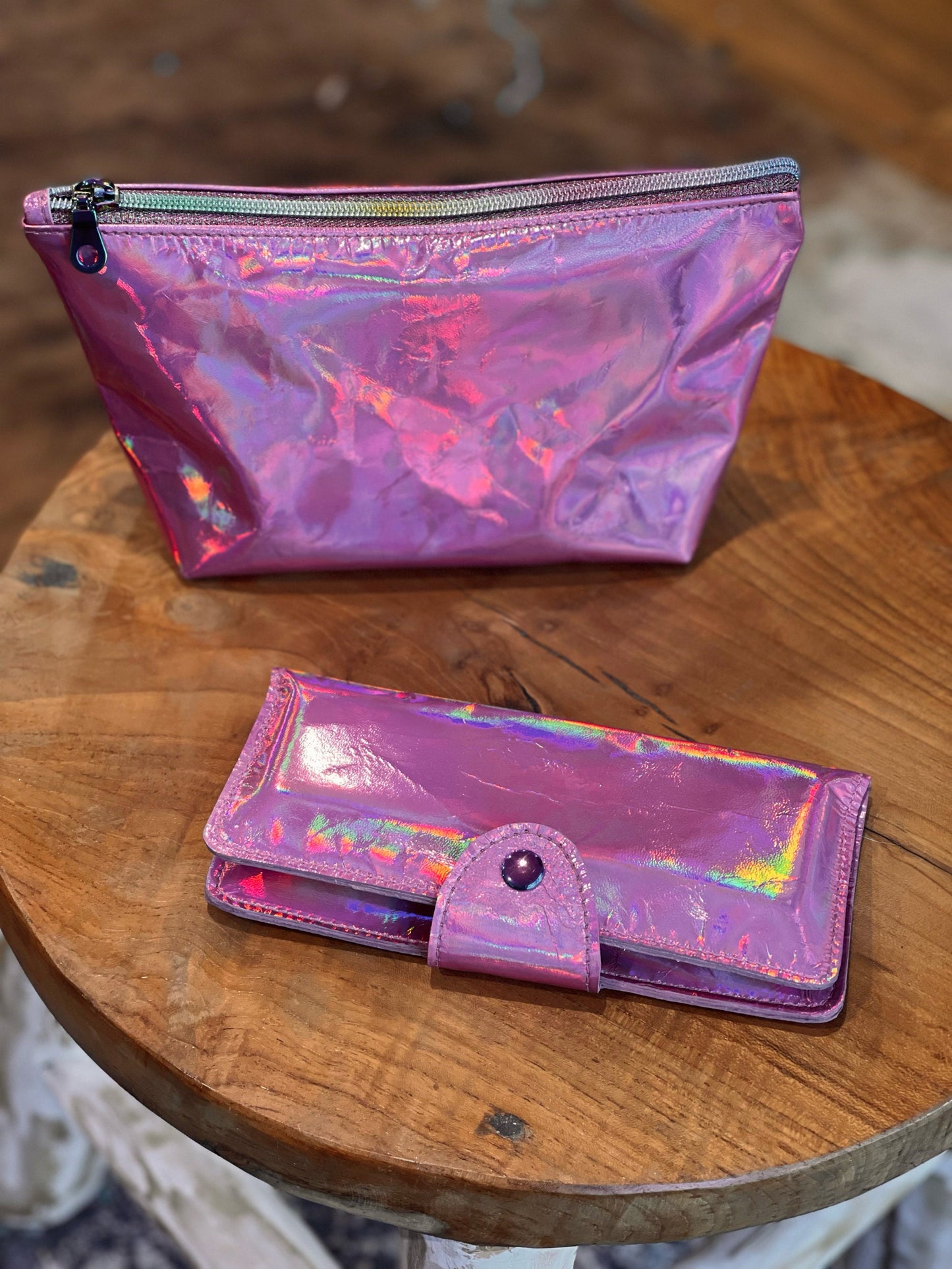 Pink Holographic Iridescent Leather Wallet Purse or wristlet, holds cards and iPhone