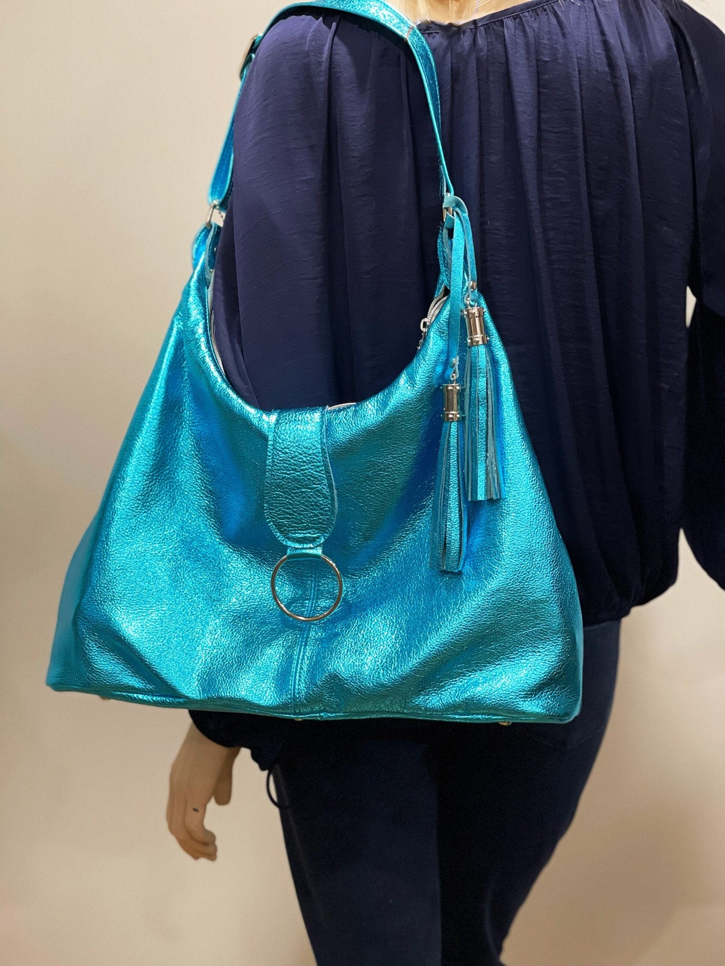Womens metallic turquoise Italian Hobo Shoulder Bag