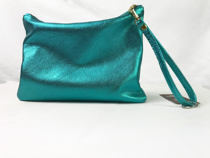 Metallic Turquoise leather Wristlet, softest aquamarine leather purse