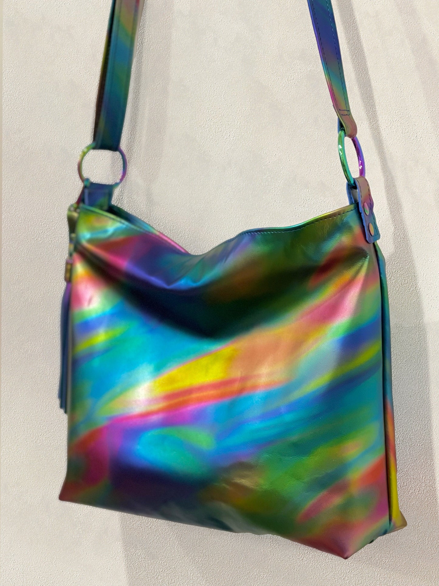 Multi colour Rainbow Aurora Borealis leather crossbody bag