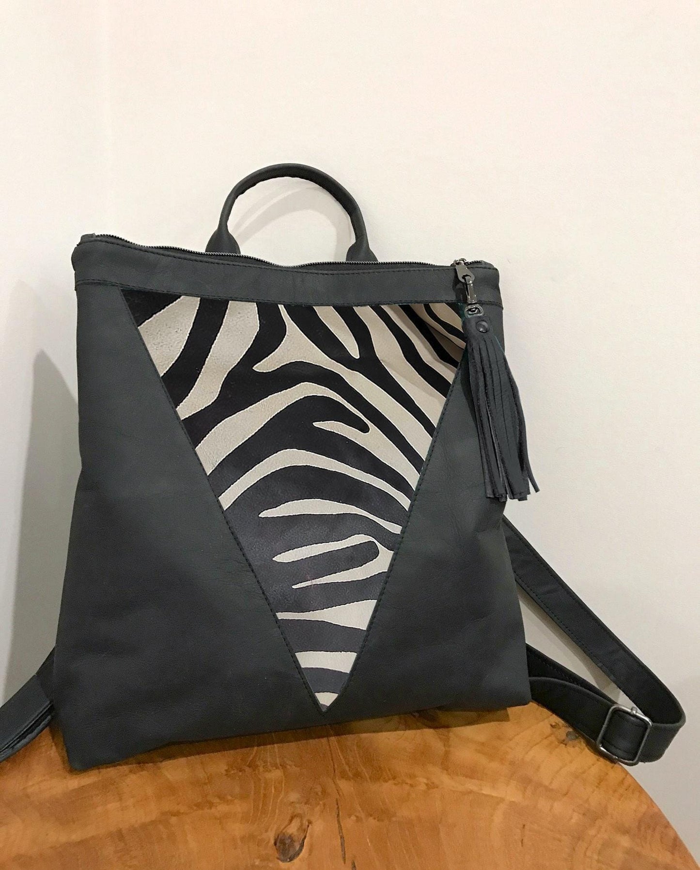 Backpack Black zebra print cowhide Leather