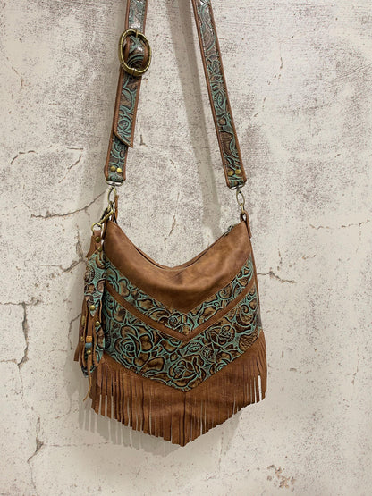 Tooled turquoise and brown Leather Fringe Bag