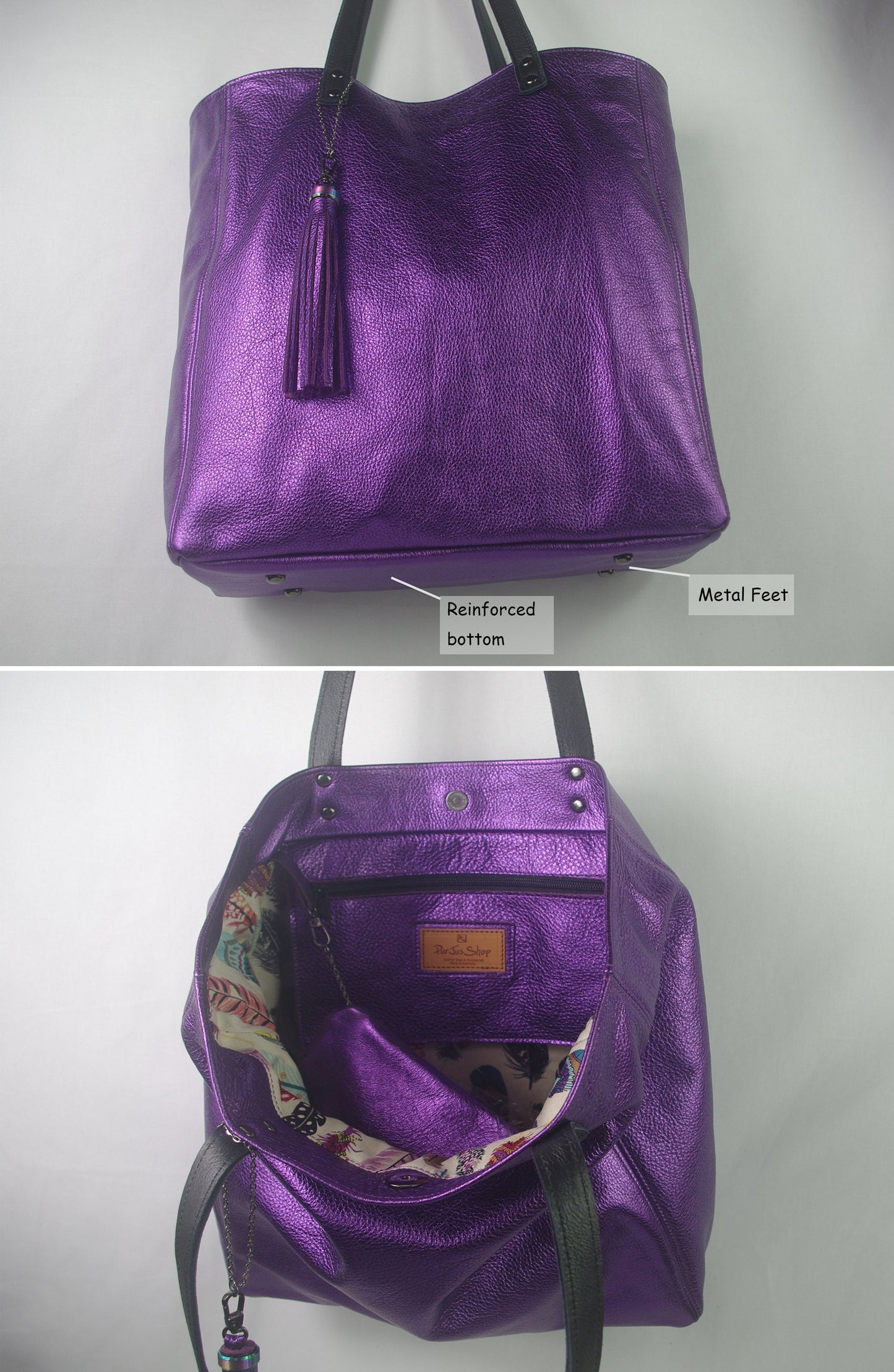 Leather Tote Metallic purple, leather zipper pocket and free purse