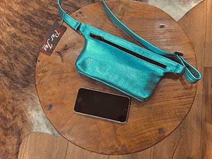 Metallic turquoise Leather waist bag, Soft pebble leather