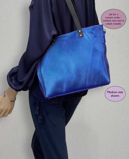 Metallic Turquoise Leather Tote, free leather zipper purse