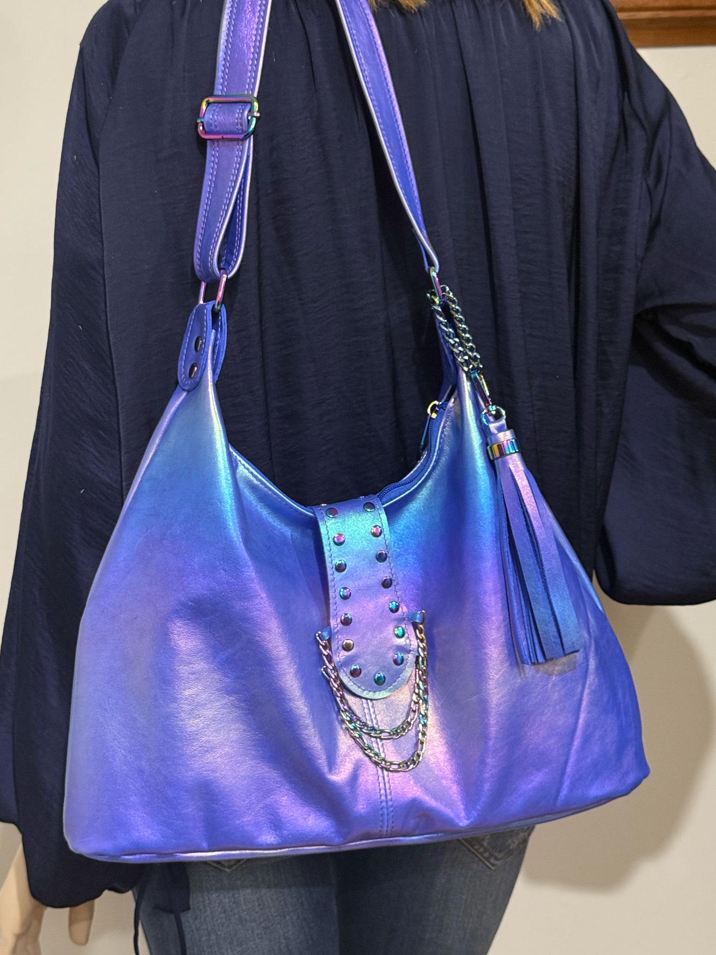 Aurora Blue Metallic Italian Hobo