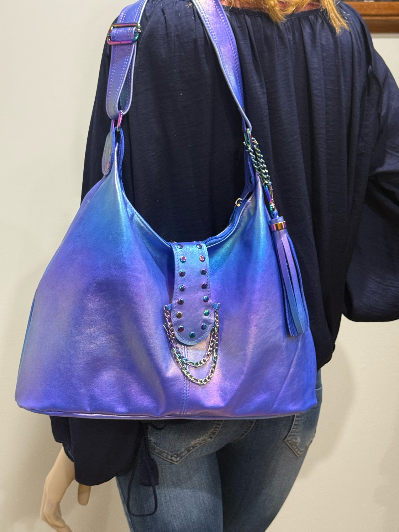 Aurora Blue Metallic Italian Hobo