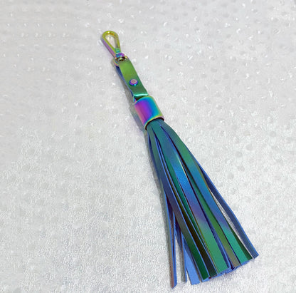 blue green leather tassel rainbow hardware bag charm