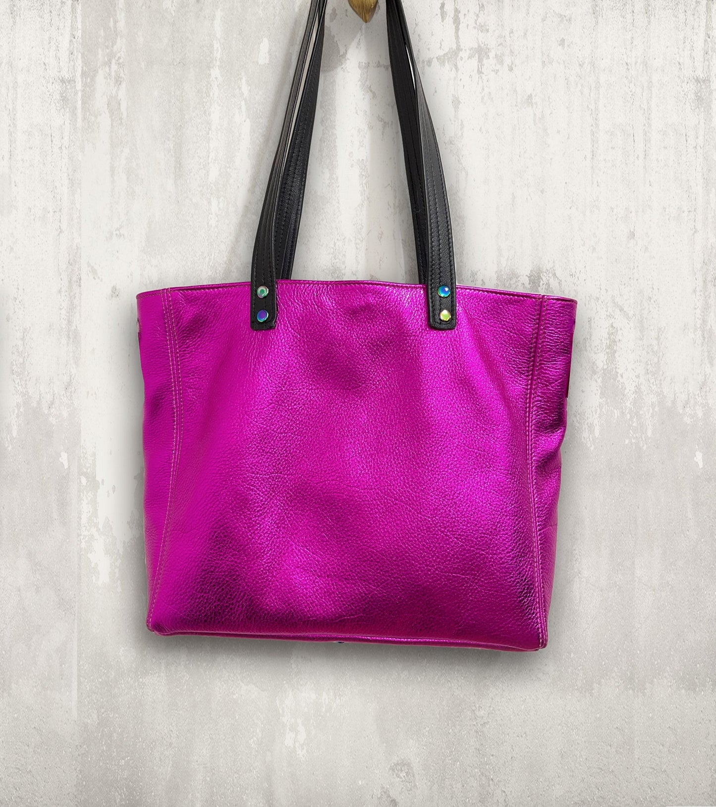 Fuchsia Pink Metallic Leather Tote, free leather purse
