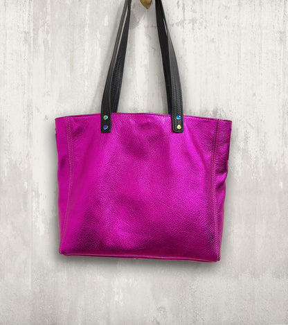Fuchsia Pink Metallic Leather Tote, free leather purse