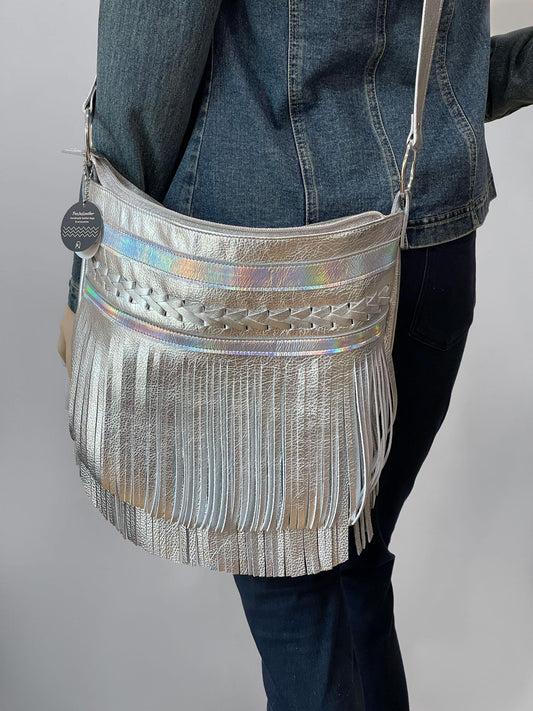 Metallic silver Leather Fringe Bag, beaded boho braided leather