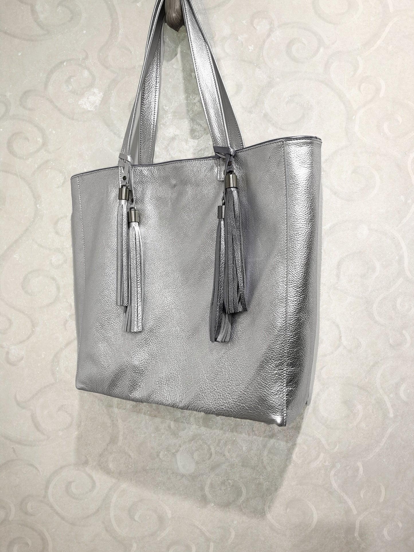 Metallic Silver Leather Tote