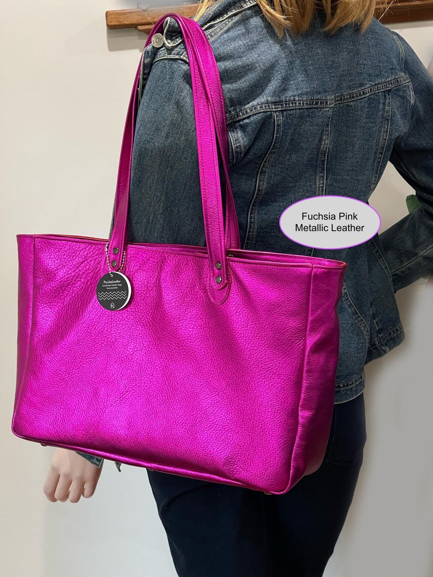 Choose colour wide Metallic Leather Tote, free zipper purse