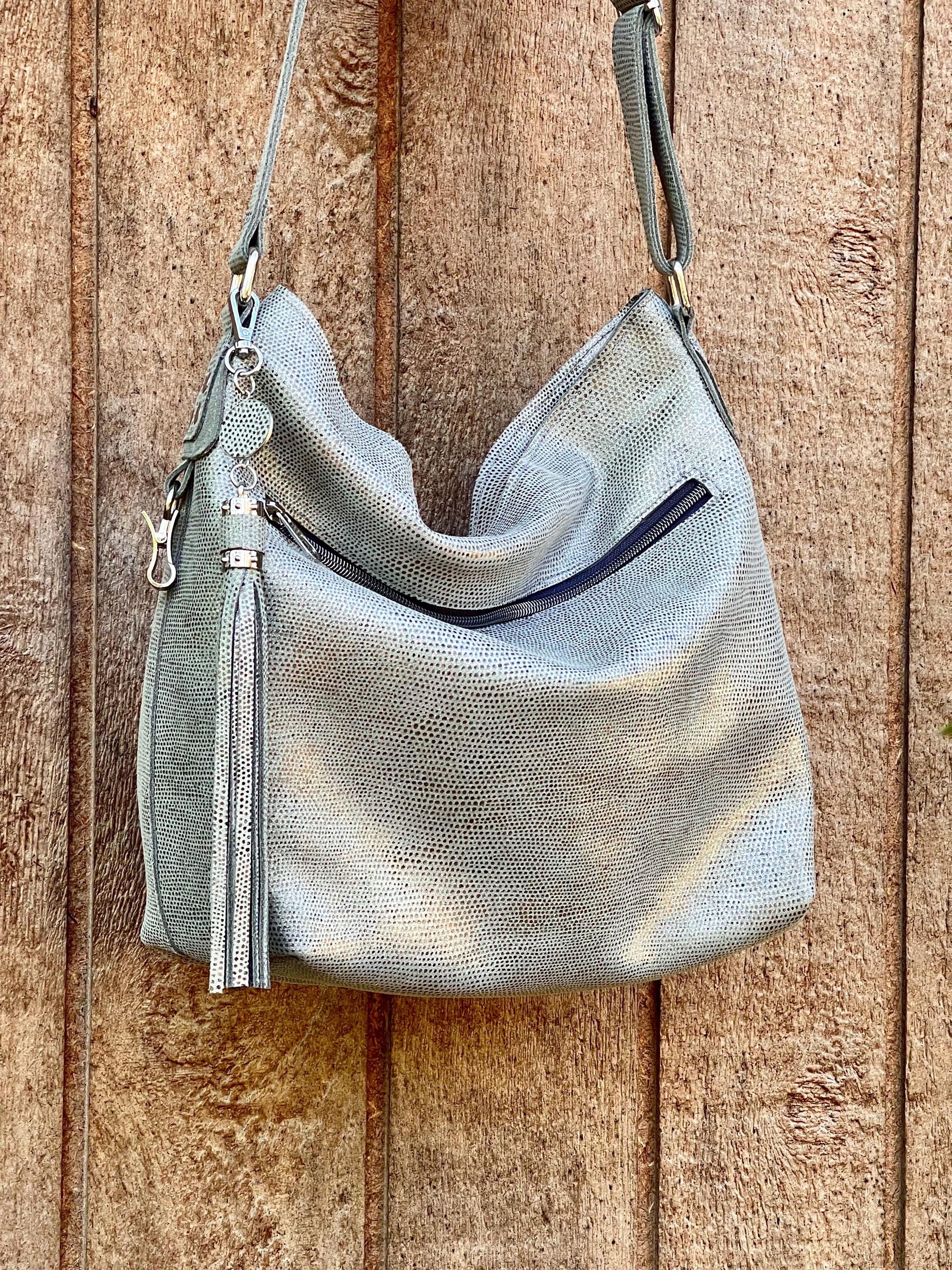 pearl grey printed hobo bag zipper pocket