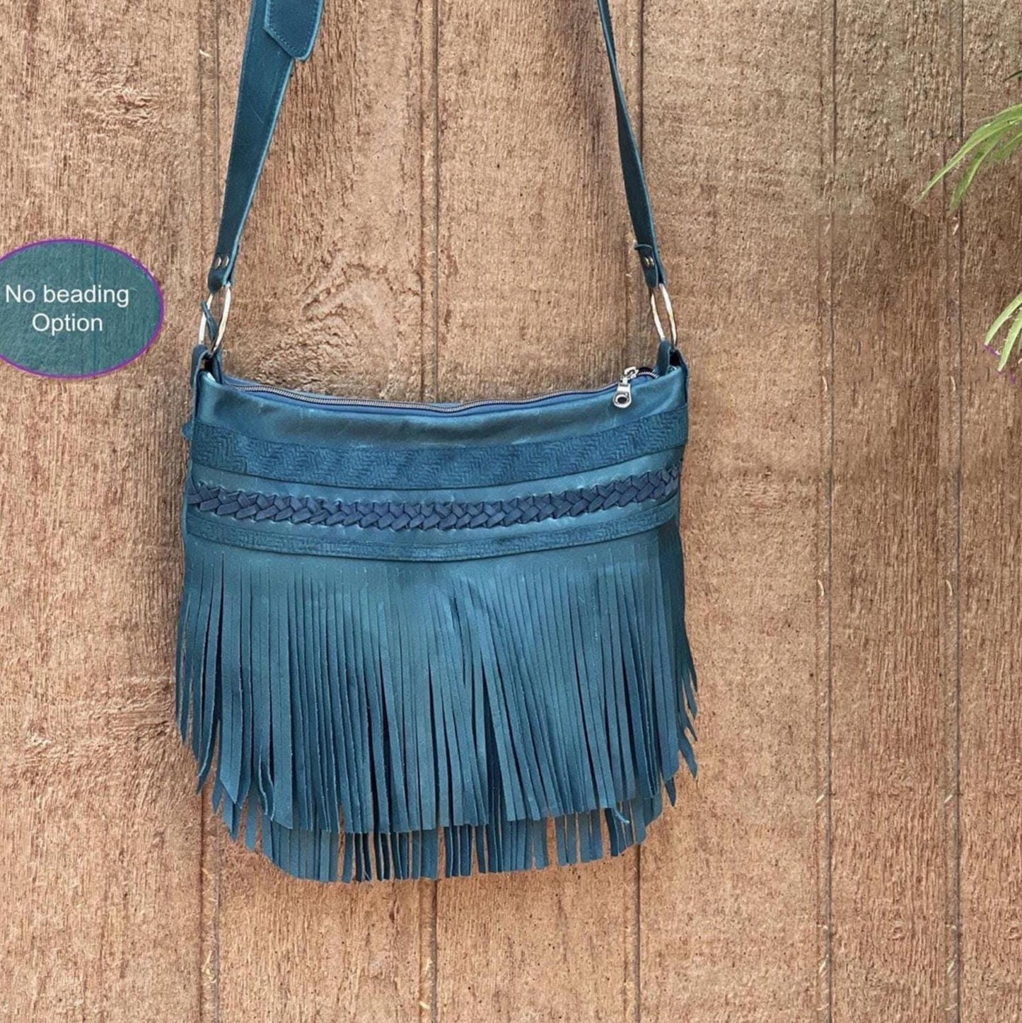 Teal Double Fringe Leather Bag, braided leather