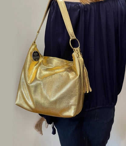 Metallic gold crossbody bag, true gold, premium soft metallic leather