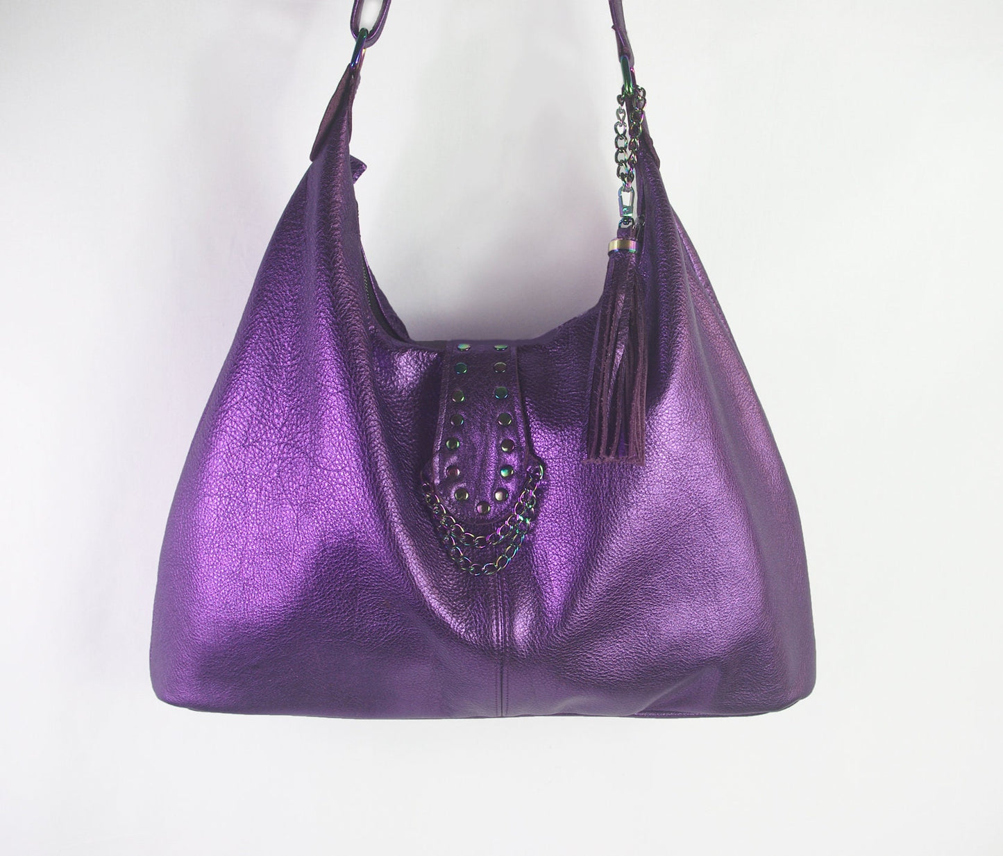 Metallic Purple Italian Hobo Shoulder Bag with Rainbow hardware