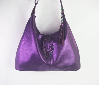 Metallic Purple Italian Hobo Shoulder Bag with Rainbow hardware