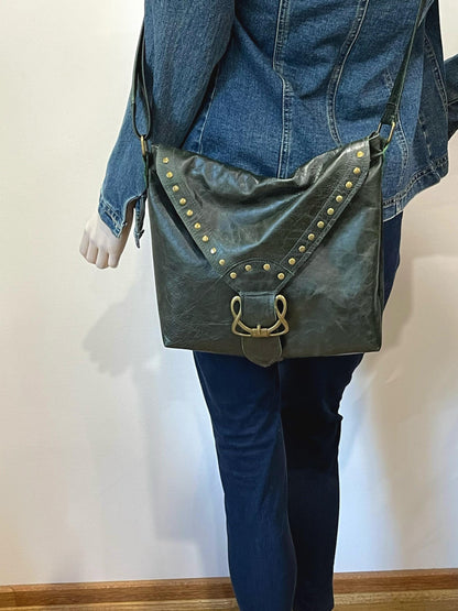 Deep green Celtic leather Crossbody bag with rivets